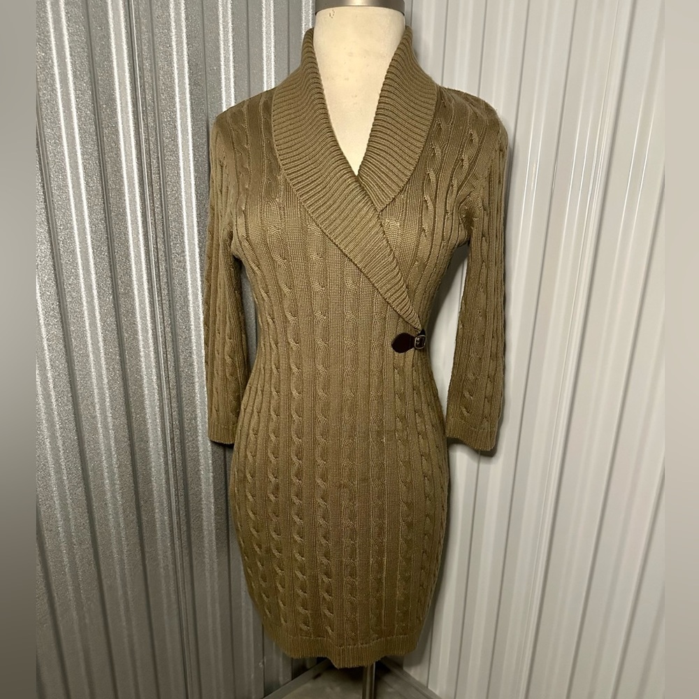 Calvin Klein Cable Knit Long Sleeve Sweater Dress in Camel